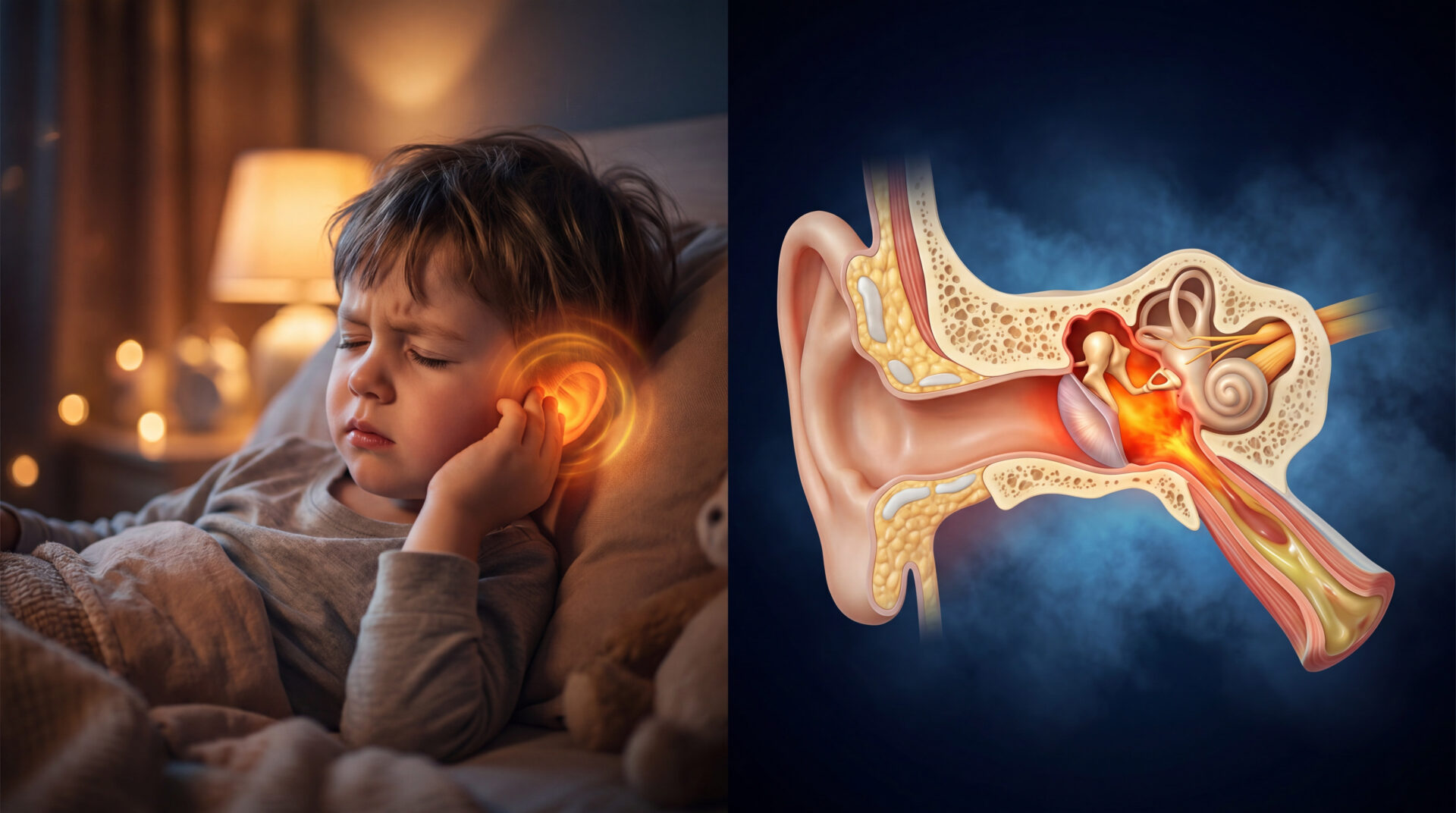 çocuklarda kulak enfeksiyonu - hasta belirti gosterimi ve anatomik kesit illustrasyonu