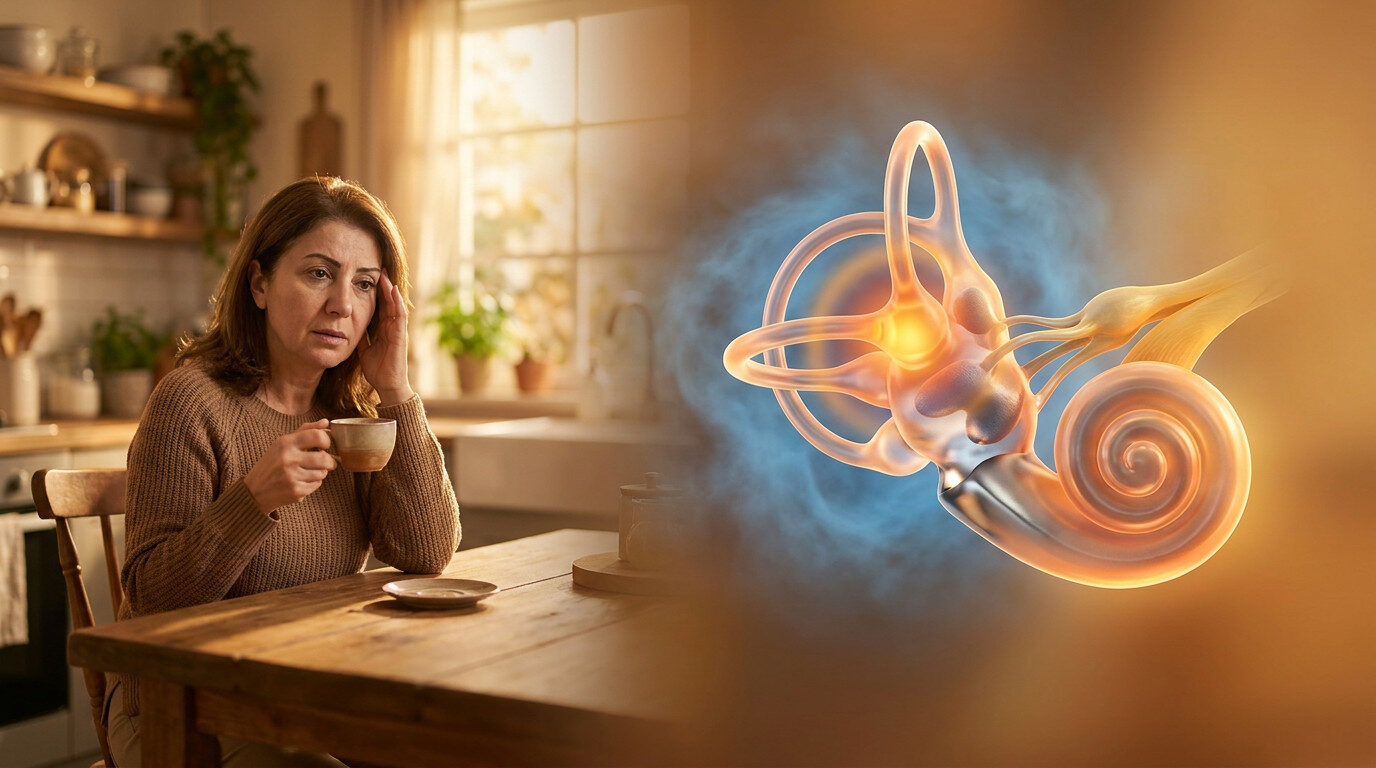 Kahve vertigoyu tetikler mi - hasta belirti gösterimi ve anatomik kesit illüstrasyonu