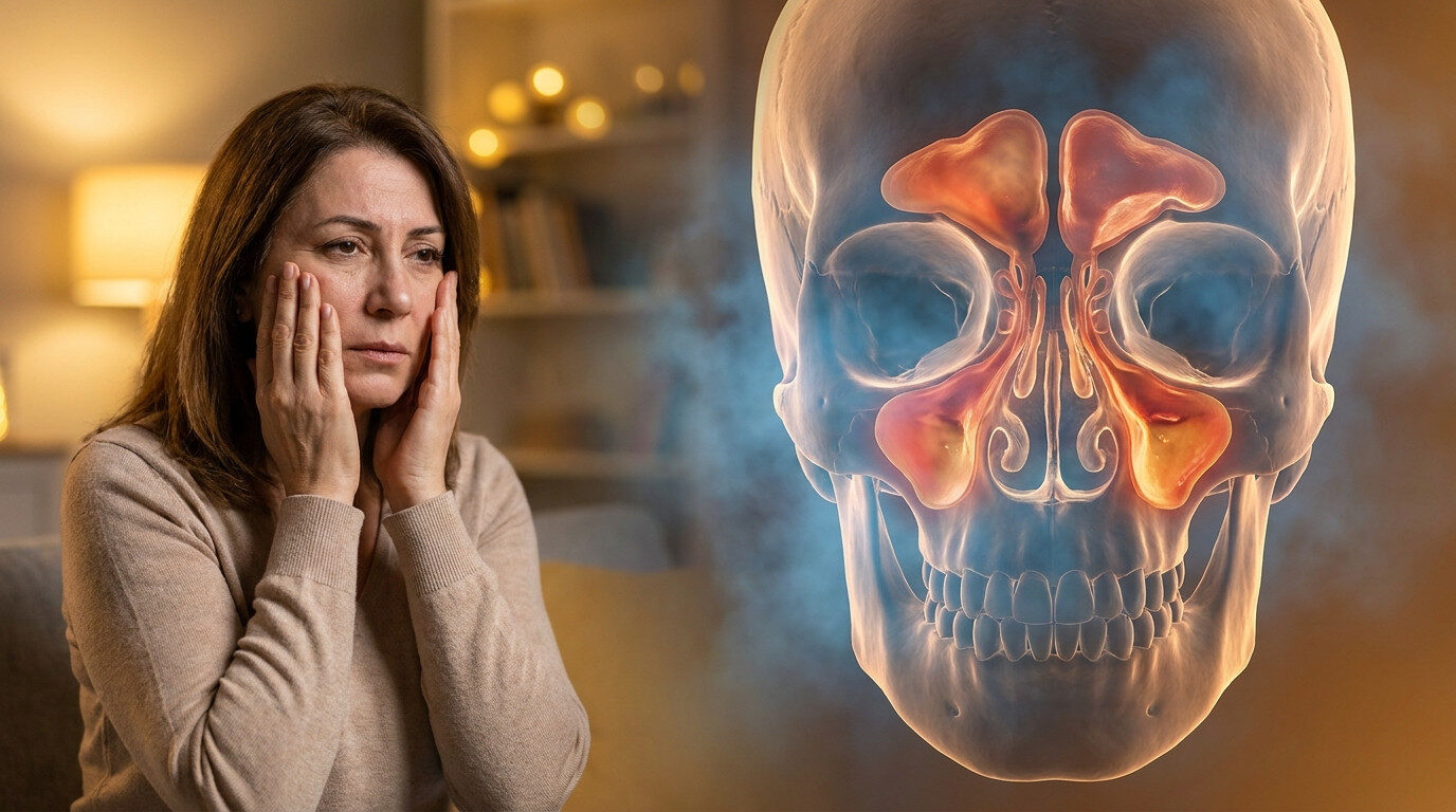 Kronik sinüzit tedavisi - hasta belirti gösterimi ve anatomik kesit illüstrasyonu