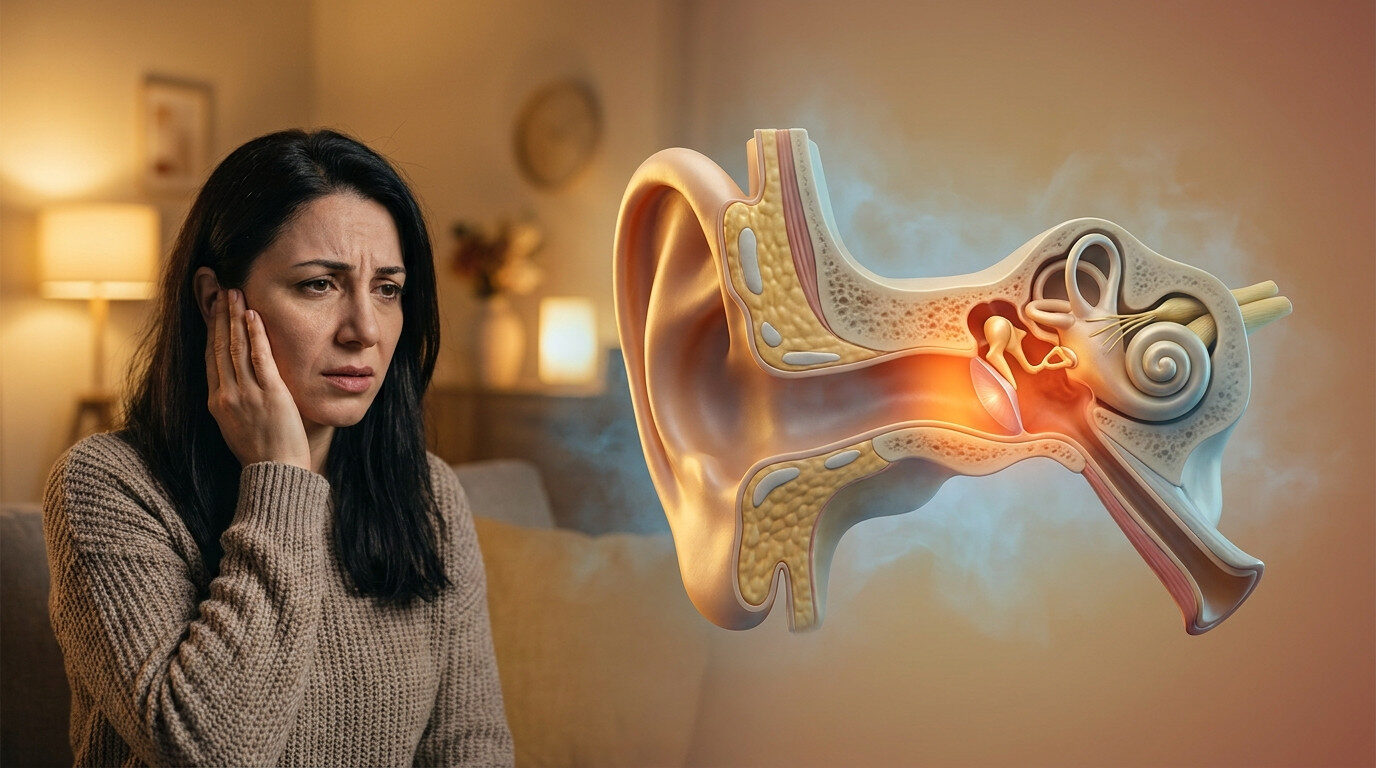Orta kulak iltihabı belirtileri - hasta belirti gösterimi ve anatomik kesit illüstrasyonu