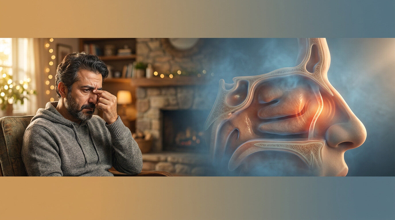 Septoplasti nedir - hasta belirti gösterimi ve anatomik kesit illüstrasyonu