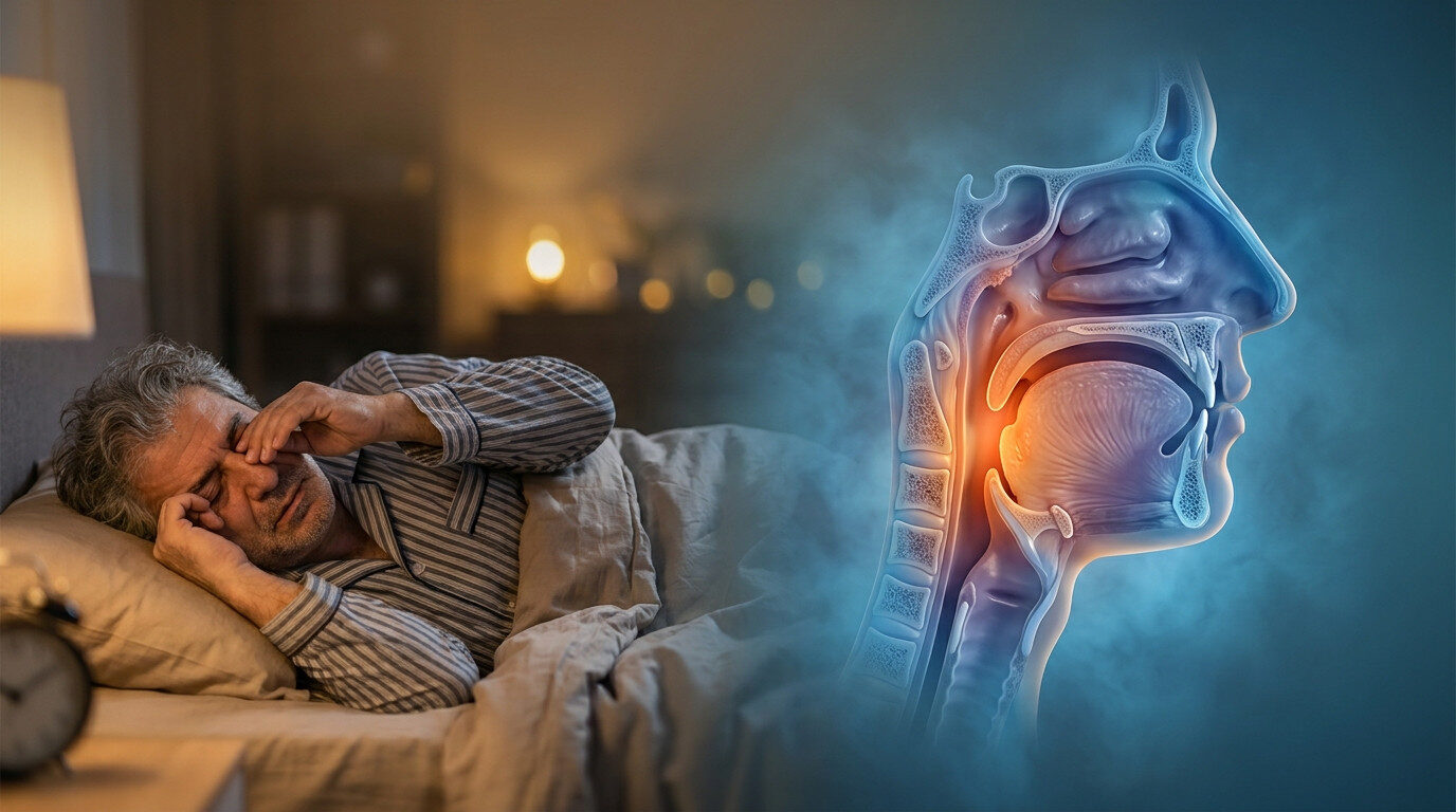 Uyku apnesi nedir - hasta belirti gösterimi ve anatomik kesit illüstrasyonu