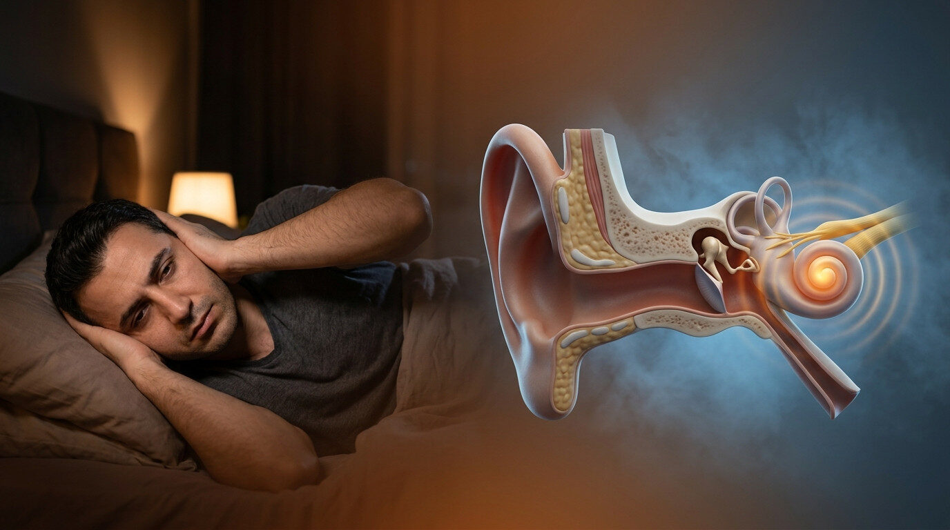 Uykusuzluk kulak çınlaması - hasta belirti gösterimi ve anatomik kesit illüstrasyonu