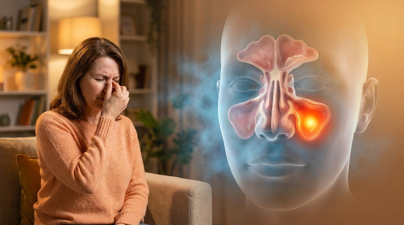Burun hastalıkları belirtisi yaşayan hasta ve burun sinüs anatomisi görseli