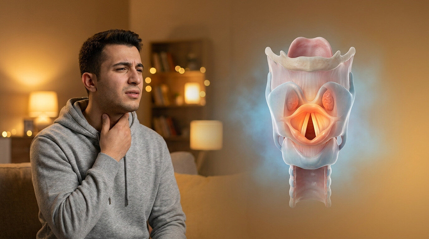 Boğaz ağrısı yaşayan hasta ve gırtlak larenks anatomisi görseli