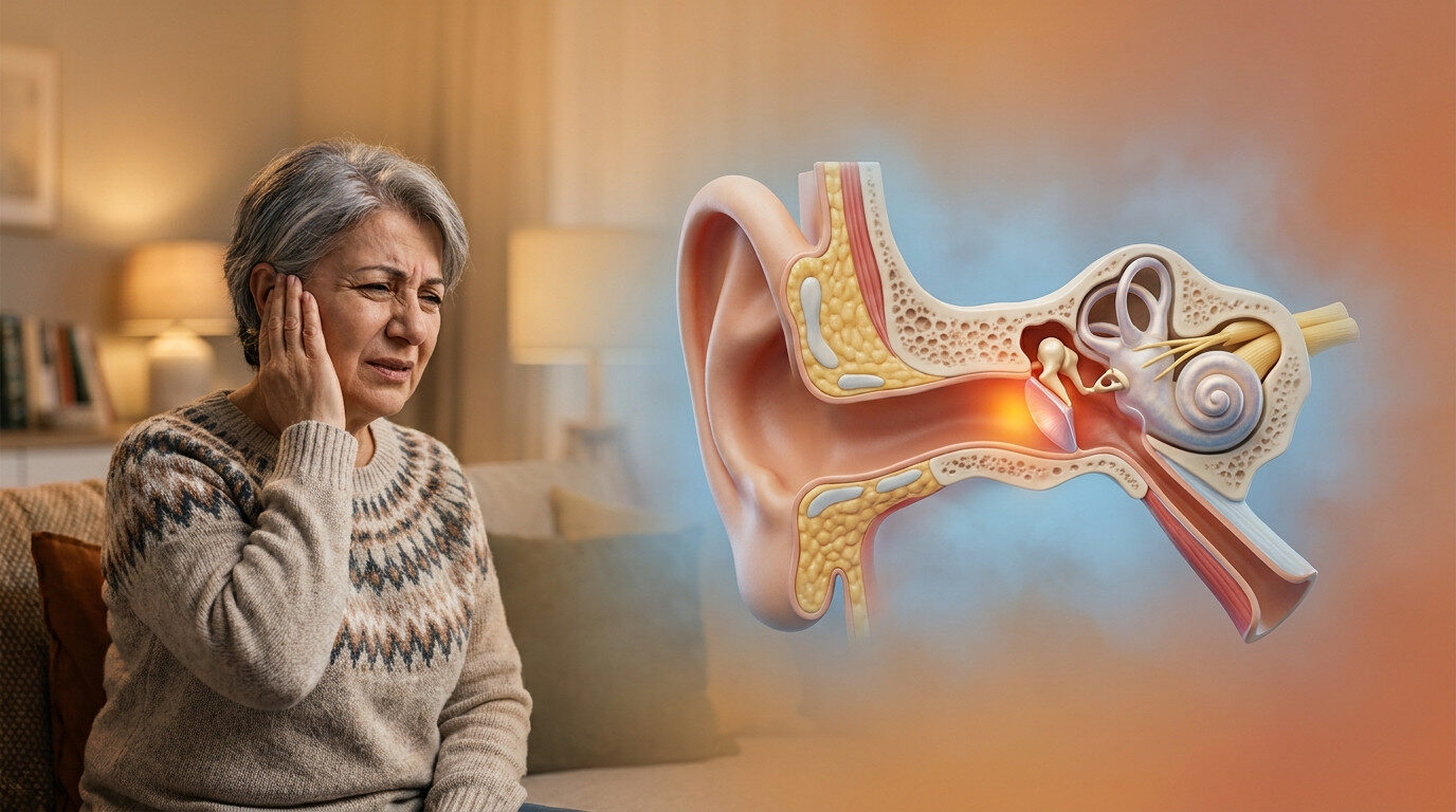 Kulak ağrısı yaşayan hasta ve iç kulak anatomisi görseli