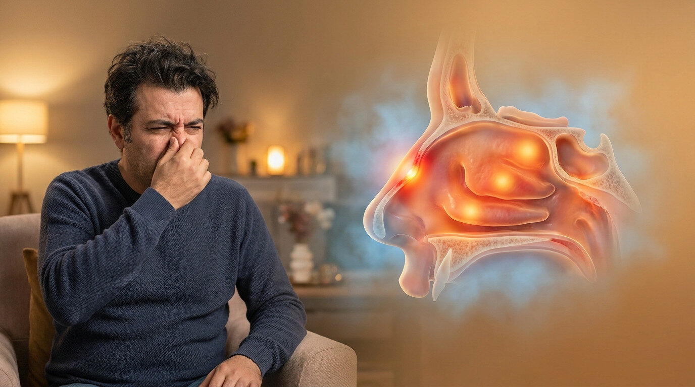 Burun tıkanıklığı yaşayan hasta ve burun anatomisi görseli