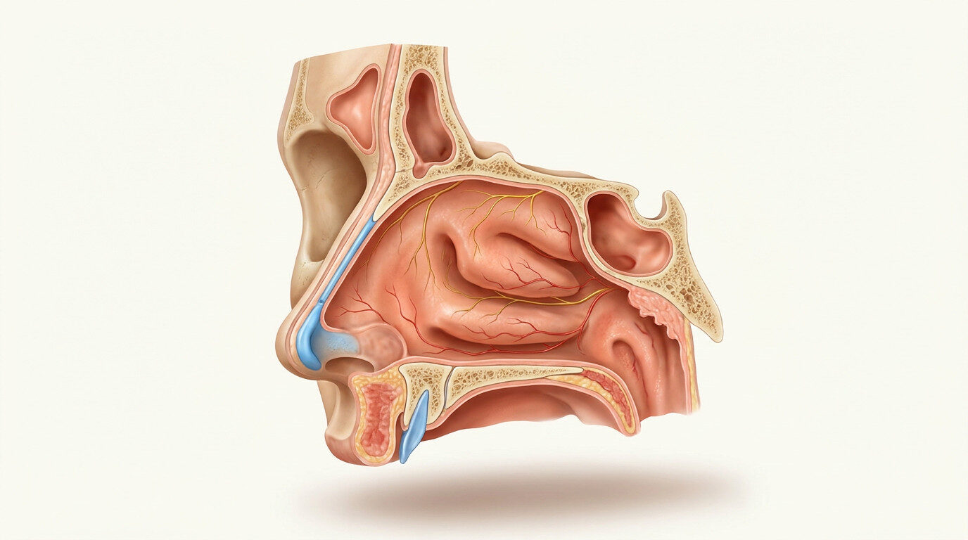 Burun boşluğu ve paranazal sinüs anatomik kesit: septum, konkalar ve sinüsler — tek taraflı burun tıkanıklığı
