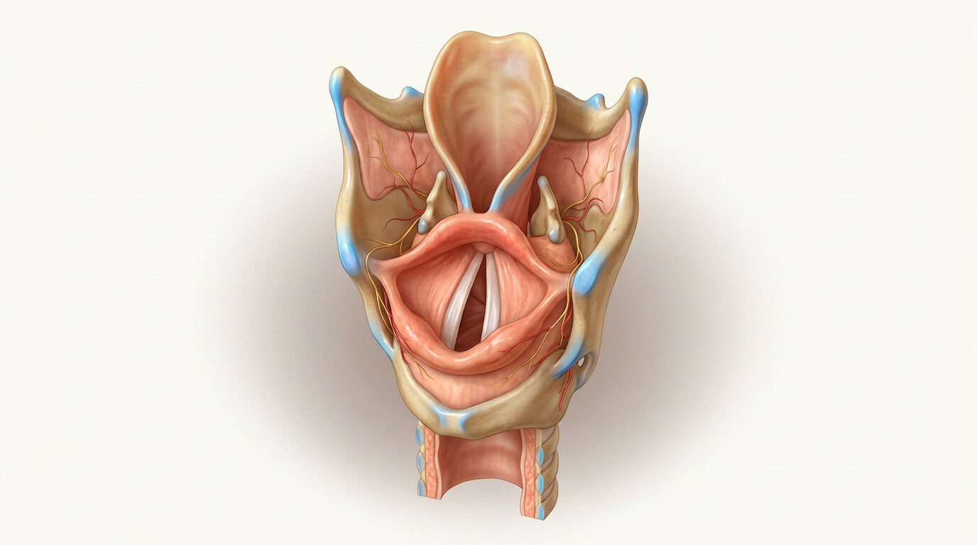 Larenks (gırtlak) anatomik kesit: tiroid kıkırdak, ses telleri ve epiglot — ses kısılması muayenesi
