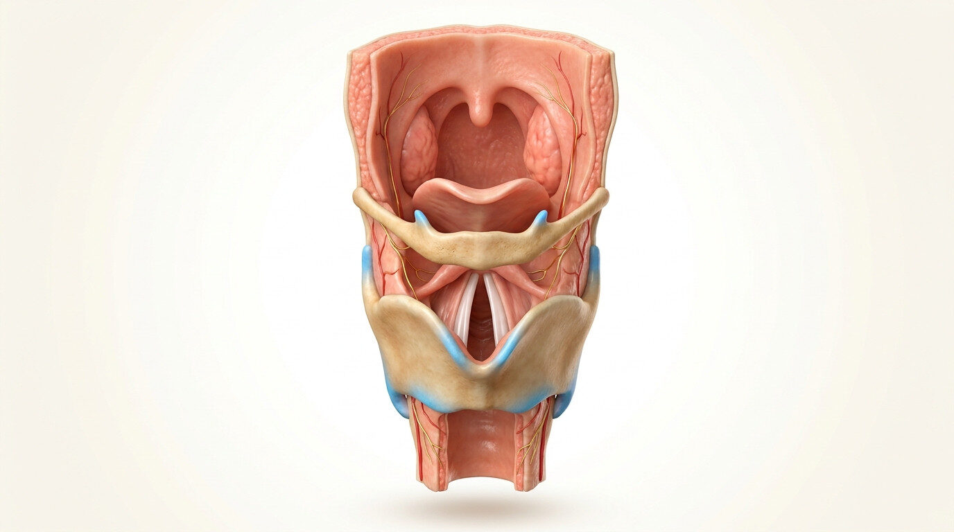 Boğaz ve larenks anatomik kesit: orofarenks, bademcikler, epiglot — yutkunurken artan boğaz ağrısı