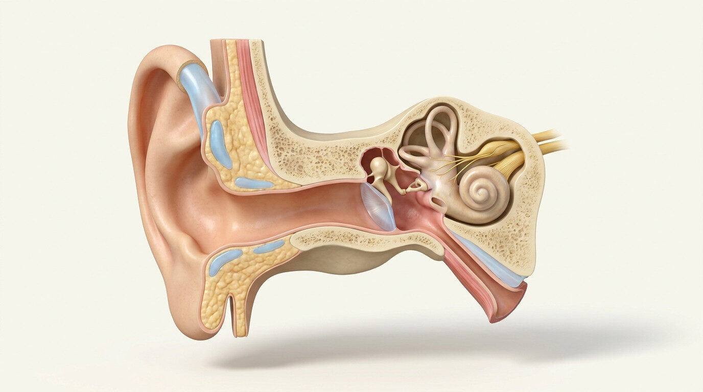 Kulak anatomik kesit: dış, orta ve iç kulak yapıları — sabah tinnitus (kulak çınlaması)