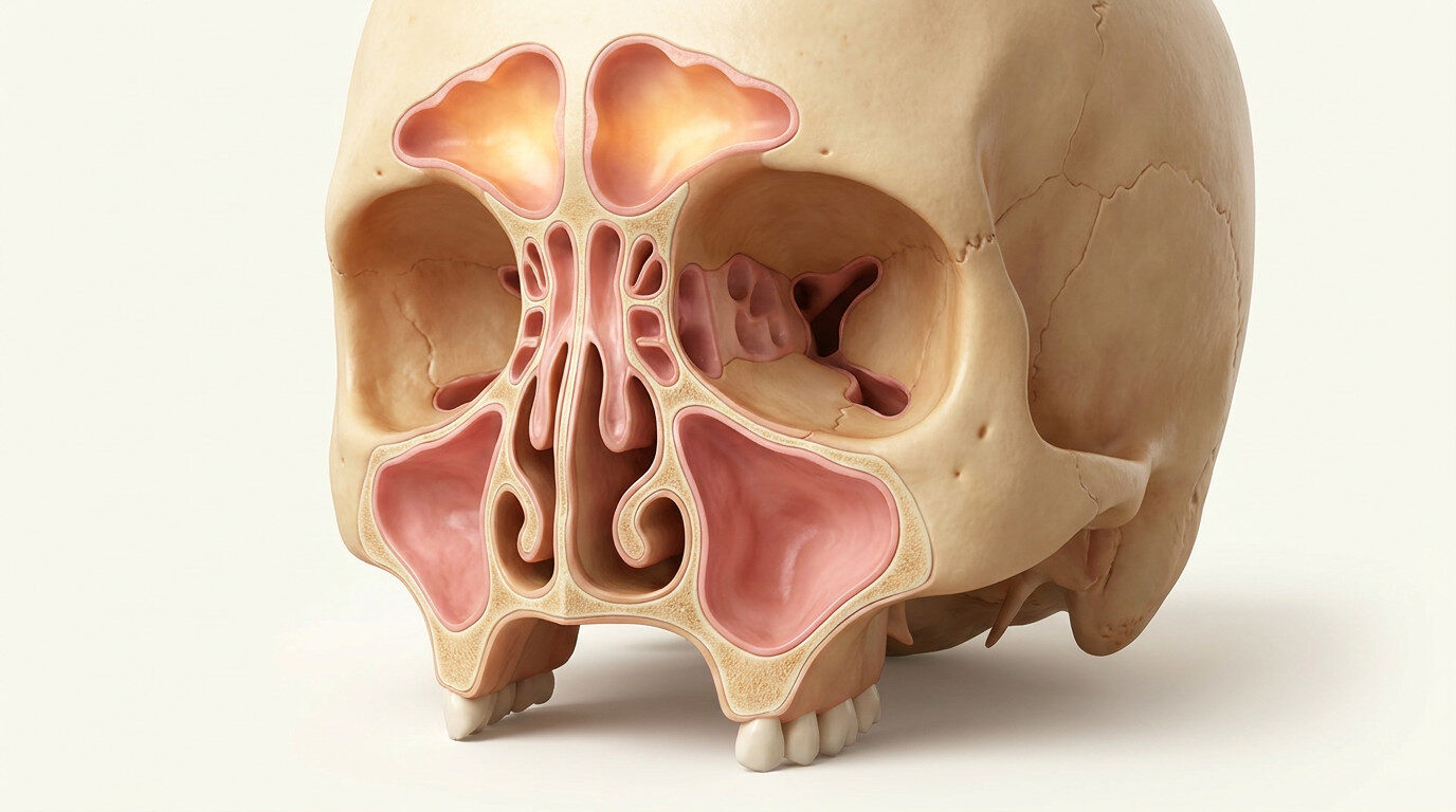 Paranazal sinüs anatomik kesit: frontal ve maksiller sinüs iltihabı — sinüzit baş ağrısı lokasyonu