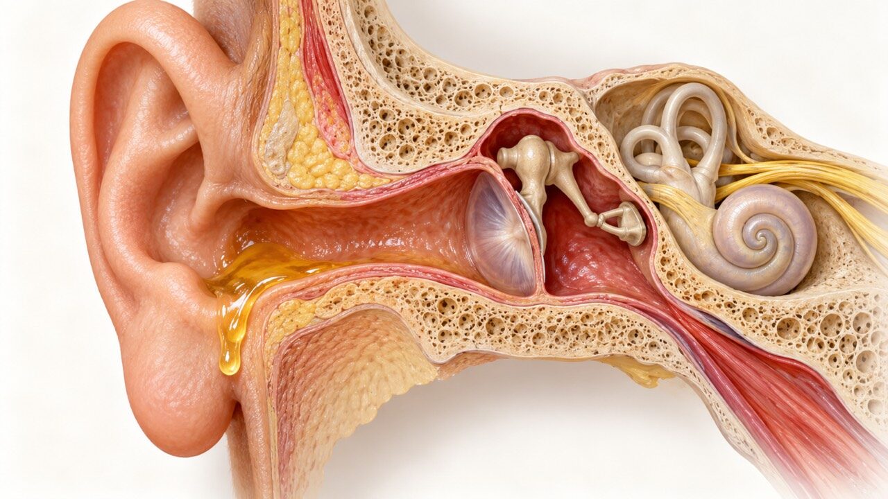 What does ear discharge mean: ear cross-section with draining fluid